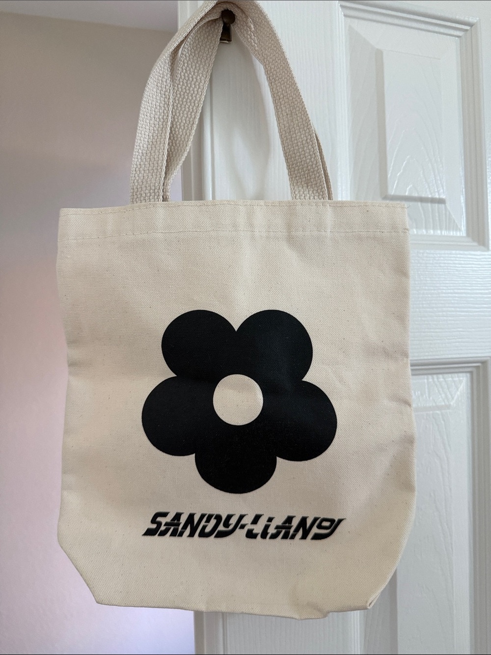 Sandy Liang Cream Canvas Tote with Black Flower Graphic